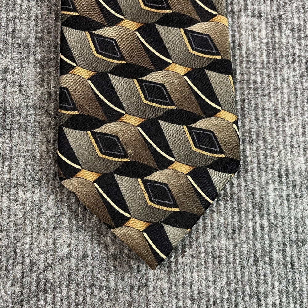 Carlos Devenezia Mens Silk Tie Geometric Diamond Olive Green Black Gold Handmade